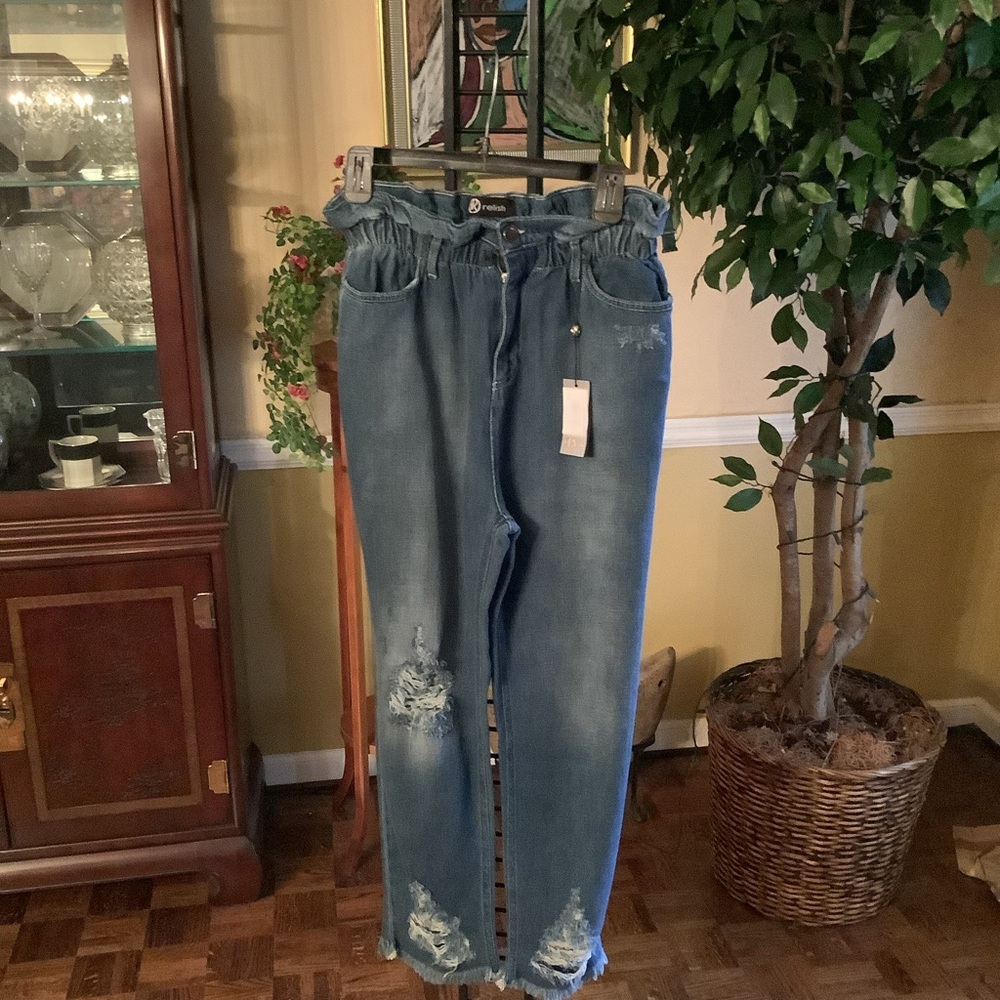 High Rise Blue Jeans with Distressing and Full Length